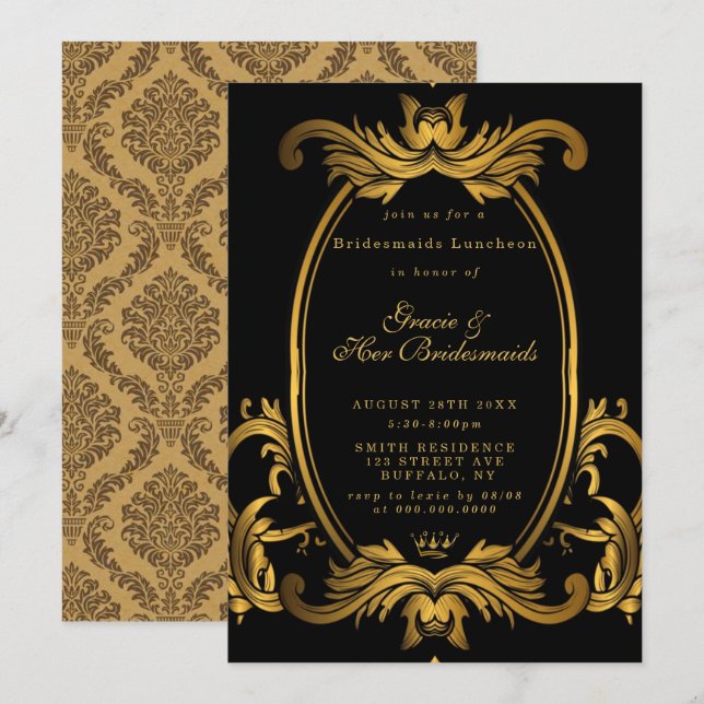 Royal Black Gold Bridesmaids Luncheon Einladung (Vorne/Hinten)