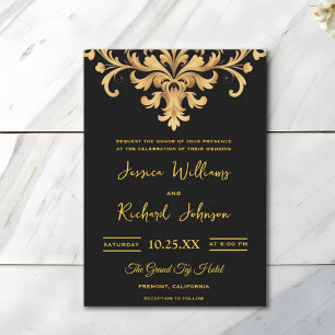 Royal Black Gold Damask Watercolor Wedding Einladung