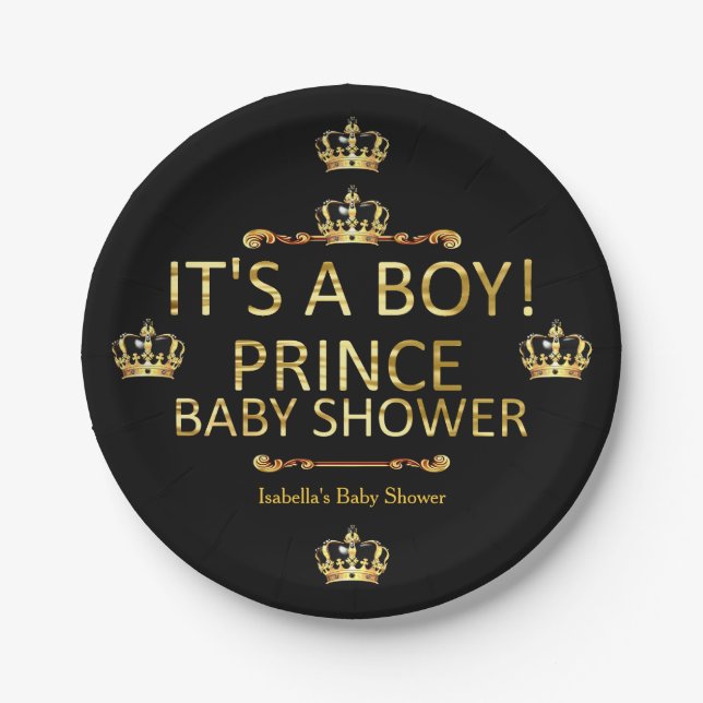 Royal Black Gold Prince Baby Dusche The A Boy Pappteller (Vorderseite)