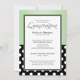 Royal Black Polka Dot Green Quinceañera Einladung