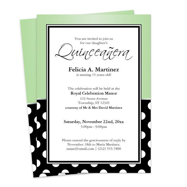 Royal Black Polka Dot Green Quinceañera Einladung (Royal Black Polka Dot Green Quinceanera Invitation at Quinceanera Event on Zazzle.)