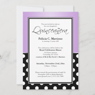 Royal Black Polka Dot Lila Quinceañera Einladung