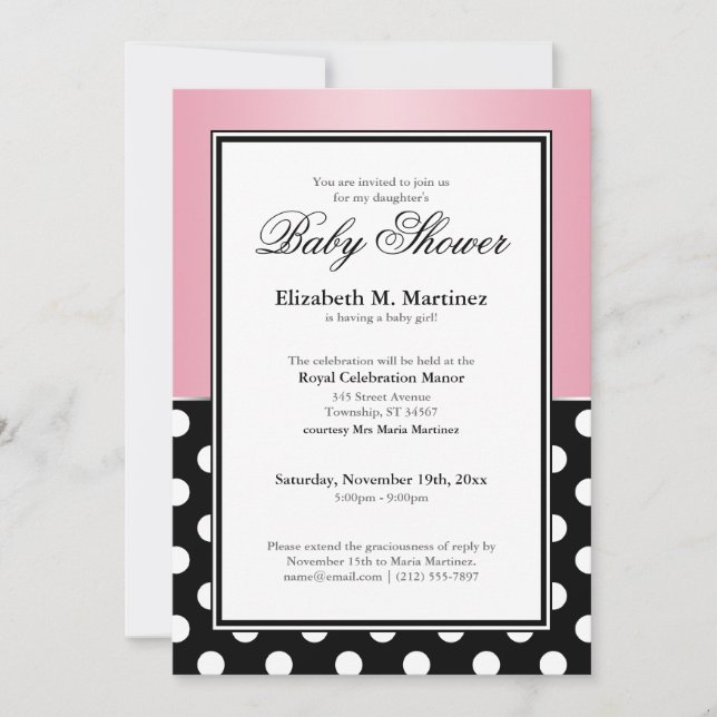 Royal Black Polka Dot Pink Babydusche Einladungen (Vorderseite)