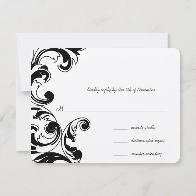 Royal Black Wirbel Wedding RSVP Karte (Rückseite)