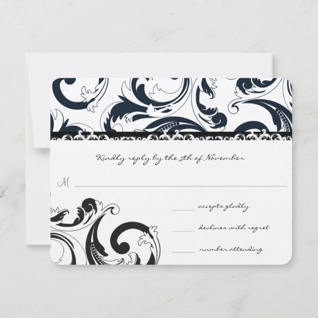Royal Black Wirbel Wedding RSVP Karte (Rückseite)