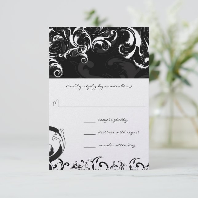 Royal Black Wirbel Wedding RSVP Karte (Stehend Vorderseite)