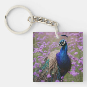 Royal Blau: Blauer Pfau auf Lavendelfeld, Schlüsselanhänger