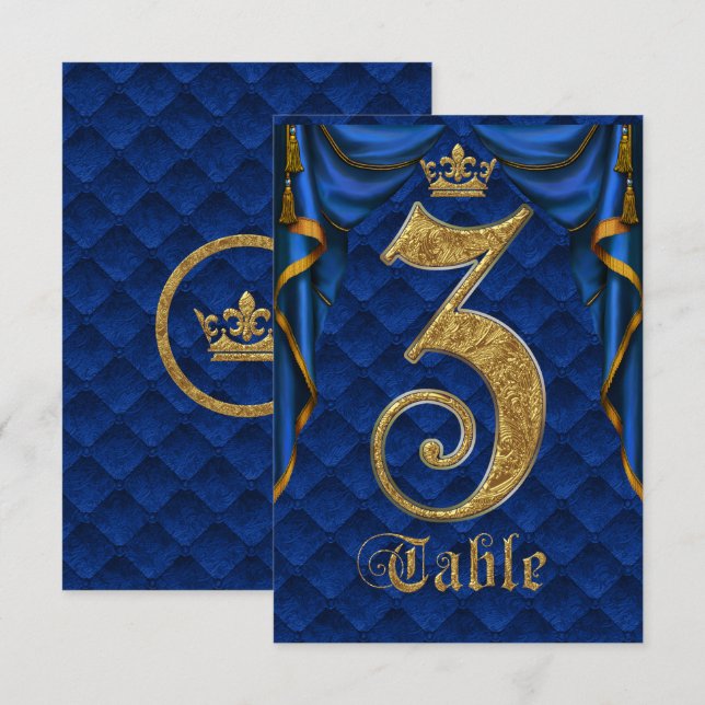 Royal Blau Goldene Krone Hochzeit Tisch Nummer 3 Einladung (Vorne/Hinten)