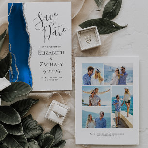 Royal Blau Silber Achat 5-Foto Save-the-Date-Karte Einladung