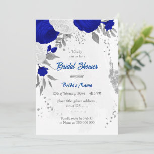 Royal Blau & Weiß Blume Silber Brautparty Einladung