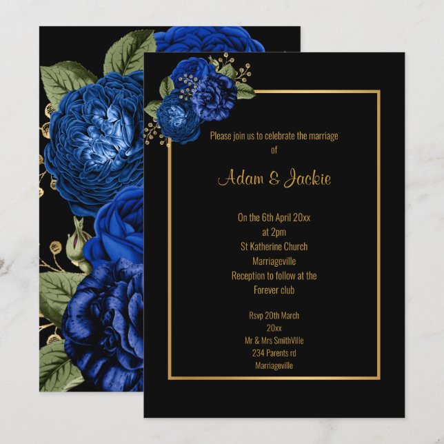 ROYAL BLAUE GOLD FLORAL ELEGANT WEDING INVITATION EINLADUNG (Vorne/Hinten)