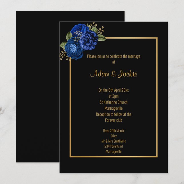 ROYAL BLAUE GOLD FLORAL WEDING INVITATION EINLADUNG (Vorne/Hinten)