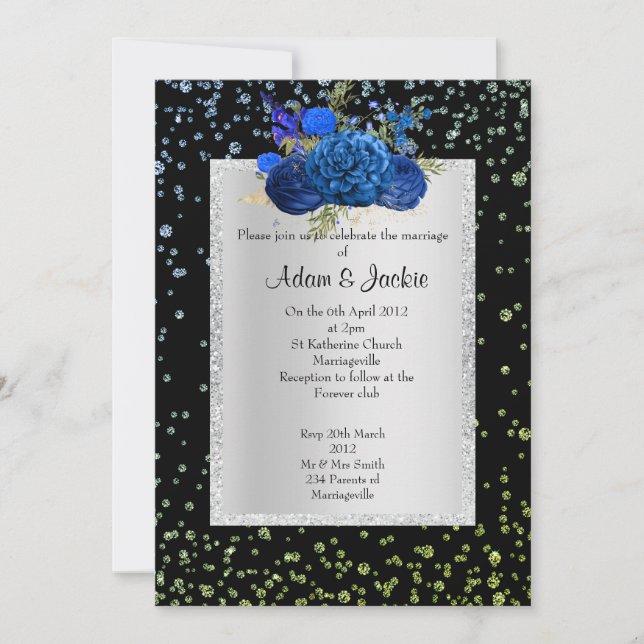 ROYAL BLAUE grüner Blumenkristall ELEGANT WEDING Einladung (Vorderseite)