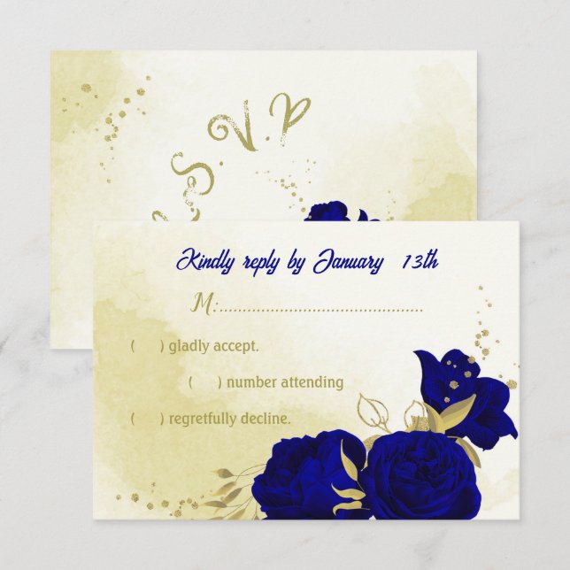 Royal bleu fleurs or botanique mariage RSVP voitur (Devant / Derrière)