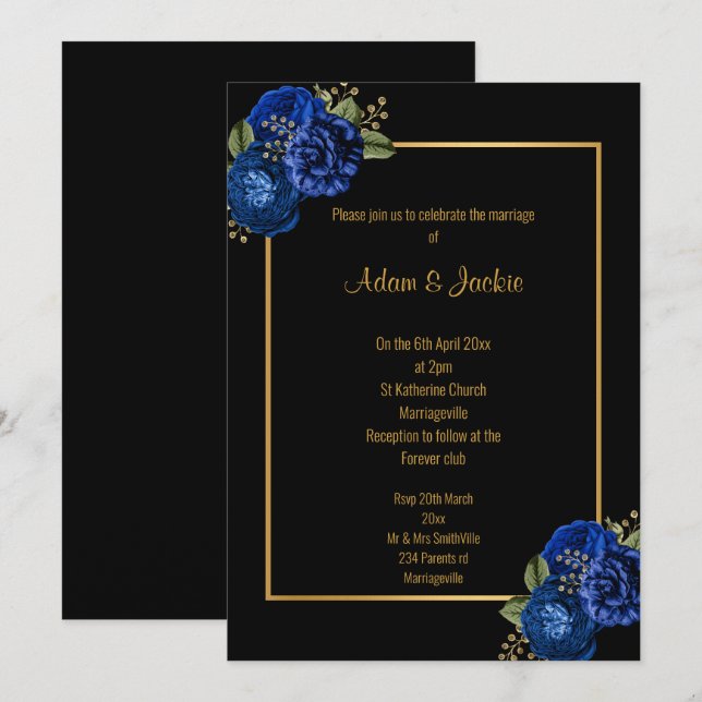 ROYAL BLEU OR FLORAL BOUQUET FAIRE-PART DE MARIAGE (Devant / Derrière)
