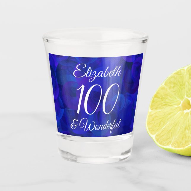 Royal Blue 100 und Wonderful Birthday Party Schnapsglas (Vorderseite)