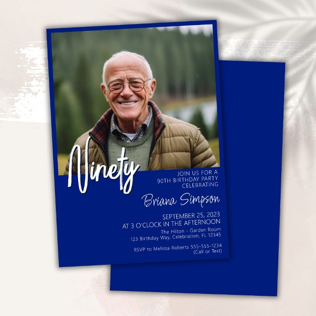 Royal Blue 90th Birthday Photo Invitation (Créateur téléchargé)