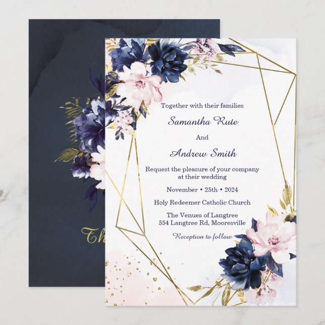 Royal Blue and Blush Wedding Template Einladung (Vorne/Hinten)