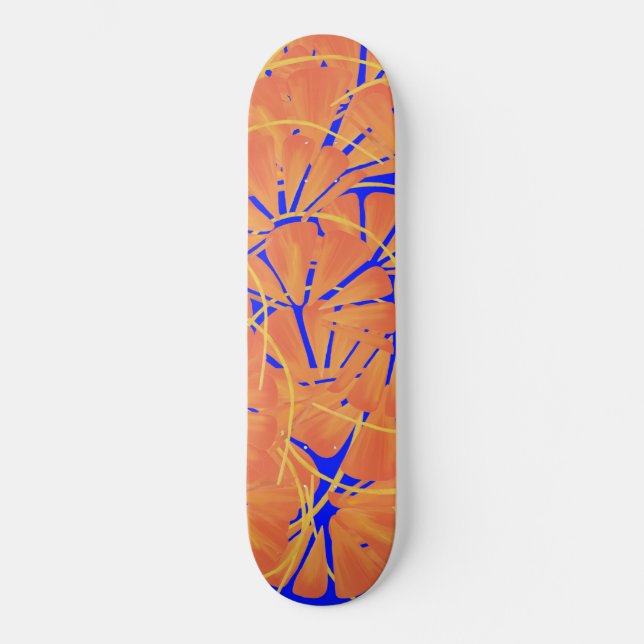 Royal Blue and Citrus Orange Tropical Art Design Skateboard (Vorderseite)