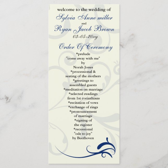 Royal Blue and Elfenbein Wedding Program Rack Card Programm (Vorderseite)