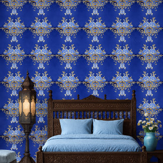 Royal Blue and Gold Arabesque Ziermuster Tapete