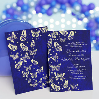 Royal Blue and Gold Butterfly 15. Geburtstagsparty Einladung