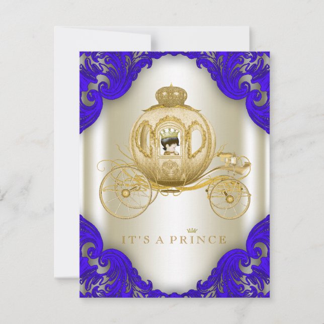Royal Blue and Gold Carriage Prince Baby Dusche Einladung (Vorderseite)