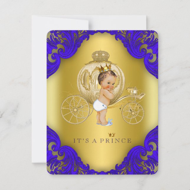 Royal Blue and Gold Carriage Prince Baby Dusche Einladung (Vorderseite)