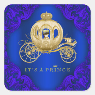 Royal Blue and Gold Carriage Prince Baby Dusche Quadratischer Aufkleber