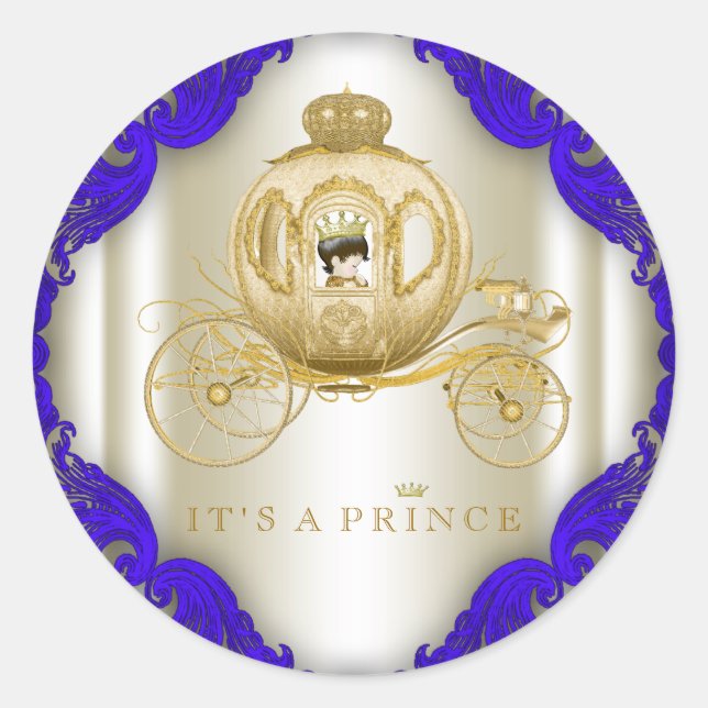 Royal Blue and Gold Carriage Prince Baby Dusche Runder Aufkleber (Vorderseite)