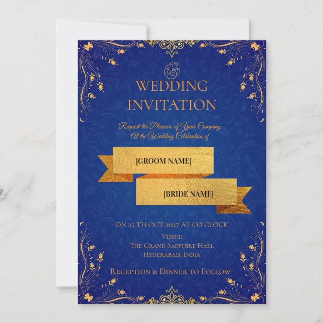 Royal Blue and Gold Corner Wedding Invitation | (Devant)