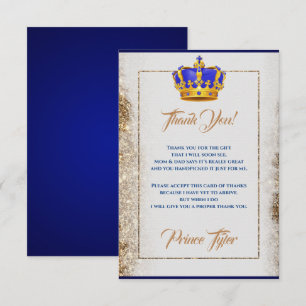 Royal Blue and Gold Crown Prince Baby Dusche Dankeskarte