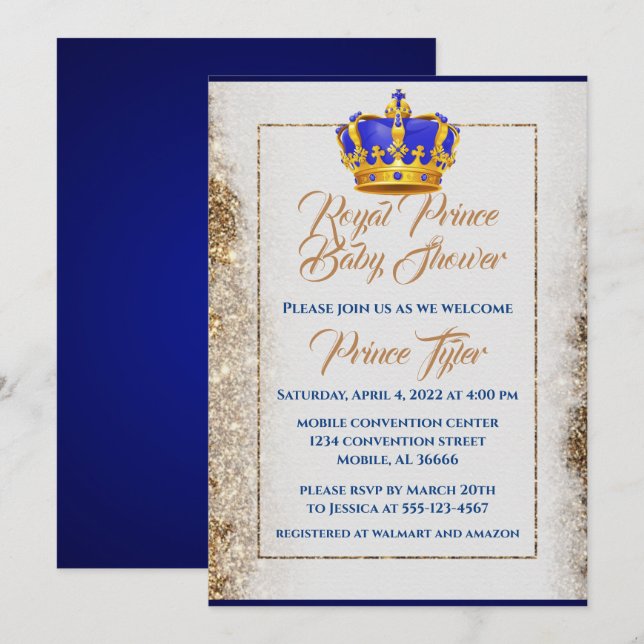 Royal Blue and Gold Crown Prince Baby Dusche Einladung (Vorne/Hinten)