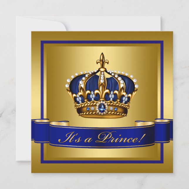 Royal Blue and Gold Crown Prince Baby Dusche Einladung (Vorderseite)