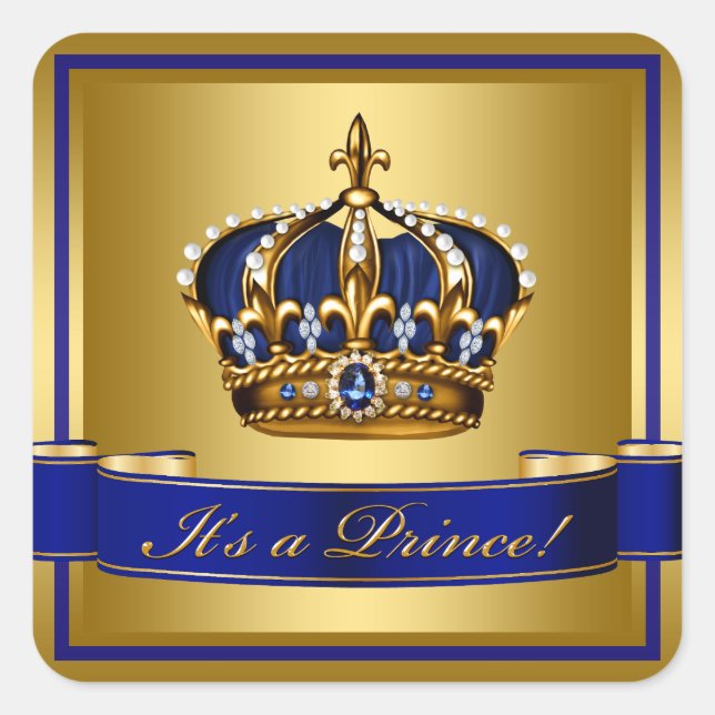 Royal Blue and Gold Crown Prince Baby Dusche Quadratischer Aufkleber (Vorderseite)