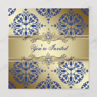 Royal Blue and Gold Damask Party Einladungen