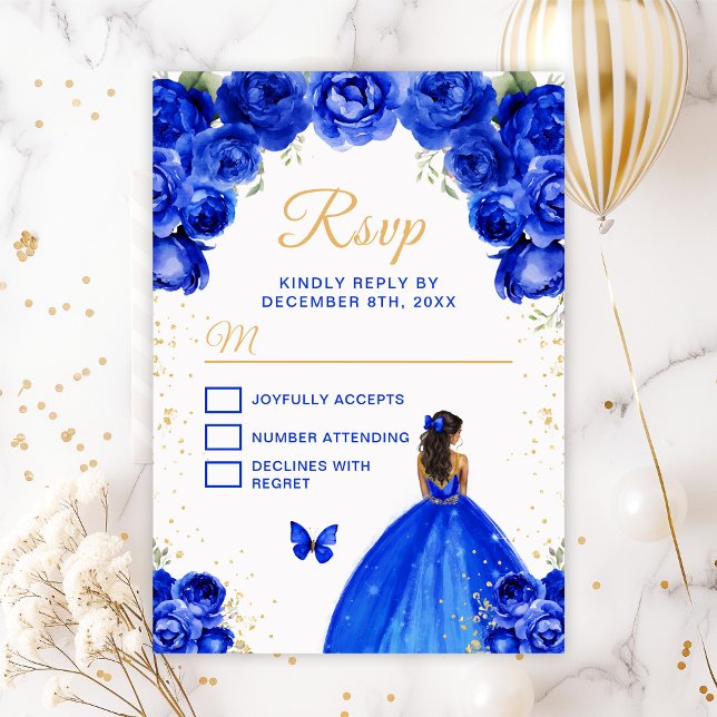 Royal Blue and Gold Dark Skin Princess RSVP Karte (Von Creator hochgeladen)
