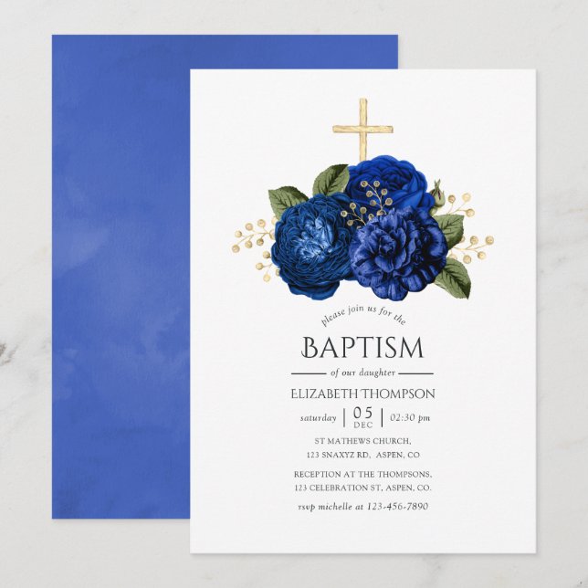 Royal Blue and Gold Floral Baptisse Einladung (Vorne/Hinten)