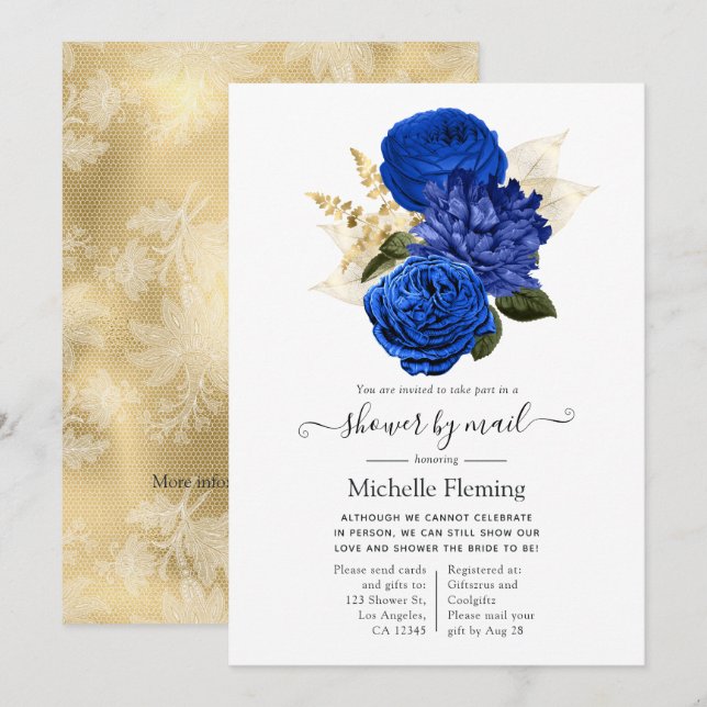 Royal Blue and Gold Floral Brautparty by Mail Einladung (Vorne/Hinten)