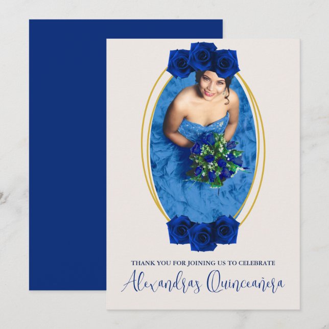 Royal Blue and Gold Geometric Quinceañera Dankeskarte (Vorne/Hinten)