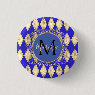 Royal Blue and Gold Glam Monogram Button