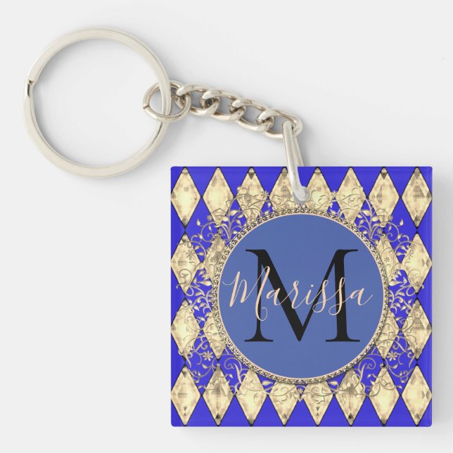 Royal Blue and Gold Glam Monogram Schlüsselanhänger (Vorderseite)