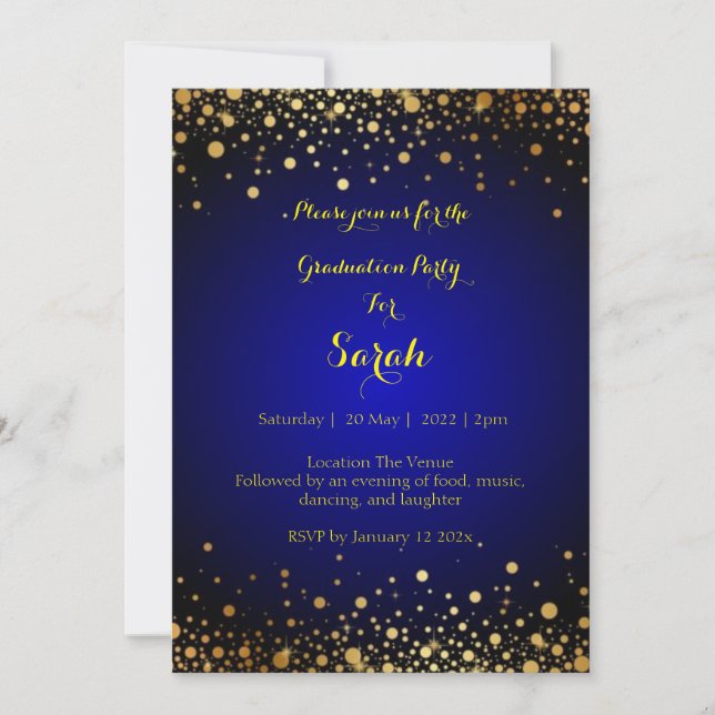 Royal Blue and Gold Graduation Party Einladung (Vorderseite)