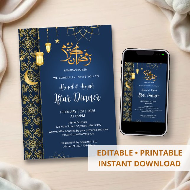 Royal Blue and Gold Islamic Floral Geometric Iftar Einladung (Von Creator hochgeladen)
