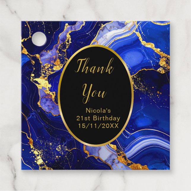 Royal Blue and Gold Marble Agate Birthday Party Geschenkanhänger (Vorderseite)