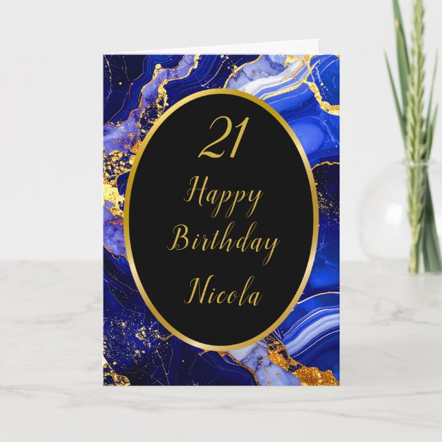 Royal Blue and Gold Marble Agate Birthday Party Karte (Vorderseite)