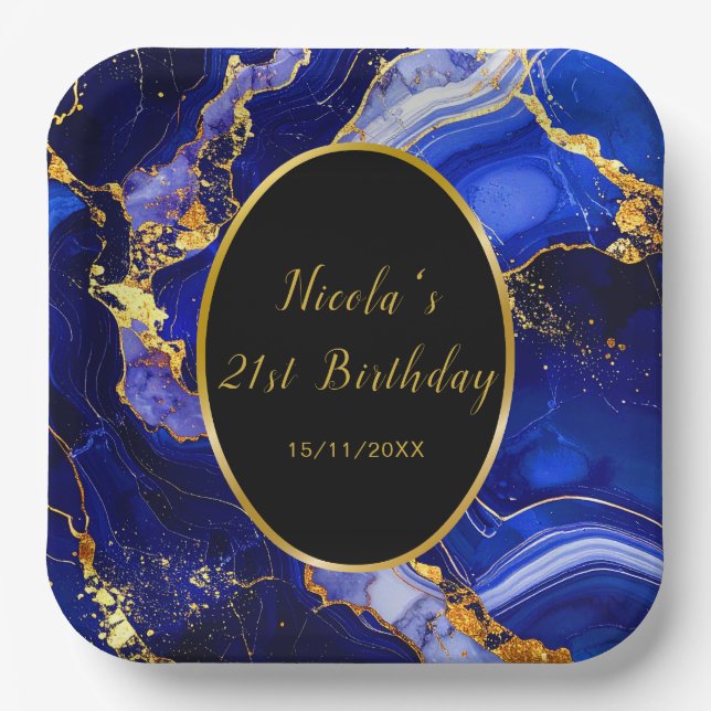 Royal Blue and Gold Marble Agate Birthday Party Pappteller (Vorderseite)