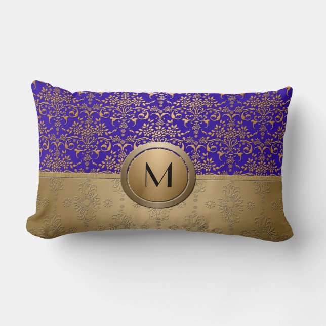Royal Blue and Gold Monogram Damask Lendenkissen (Vorderseite)