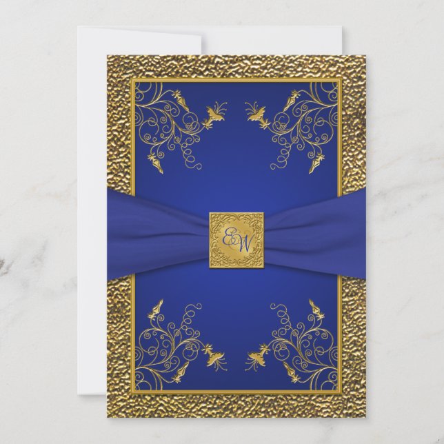 Royal Blue and Gold Monogram Wedding Einladung (Vorderseite)