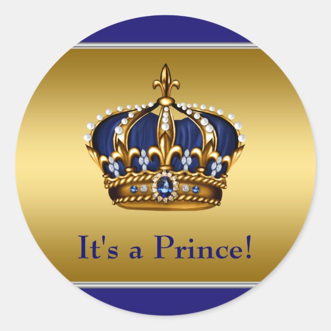 Royal Blue and Gold Prince Baby Dusche Runder Aufkleber (Vorderseite)